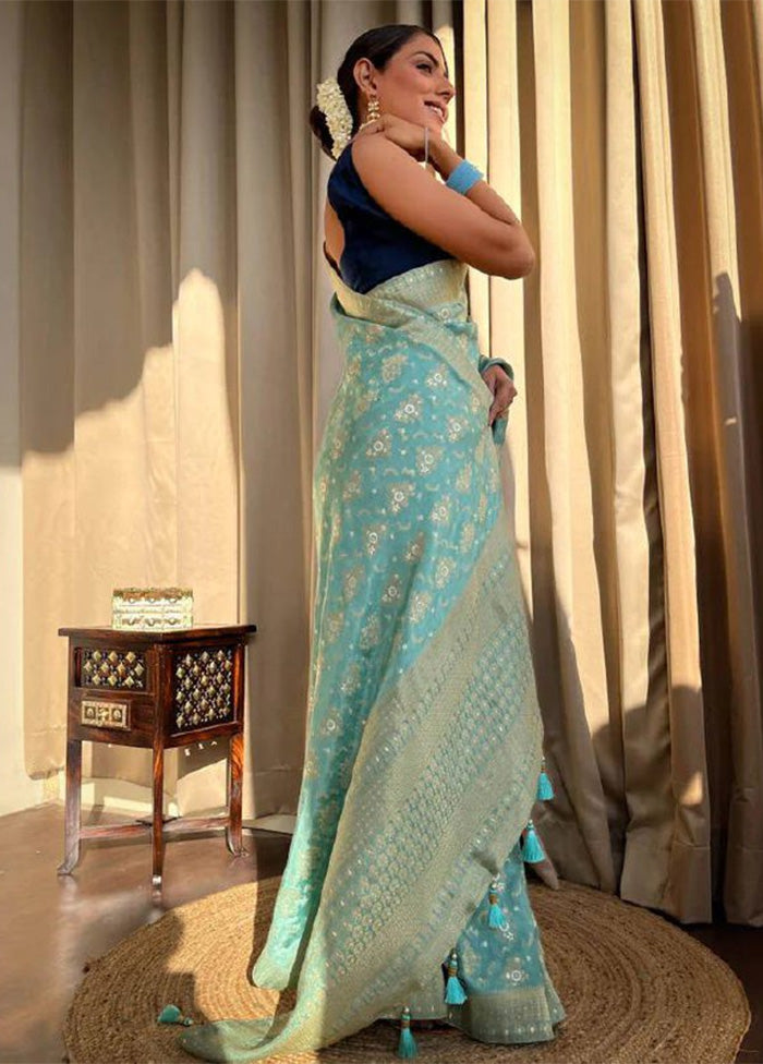 Turquoise Blue Banarasi Silk Saree With Blouse Piece