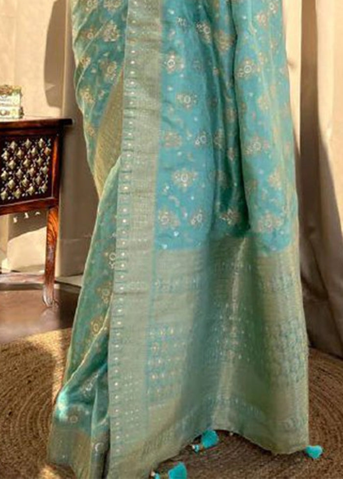 Turquoise Blue Banarasi Silk Saree With Blouse Piece