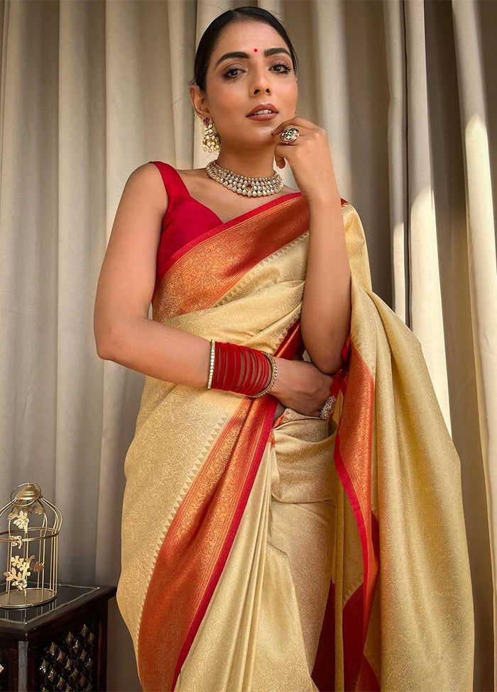 Cream Banarasi Silk Saree With Blouse Piece