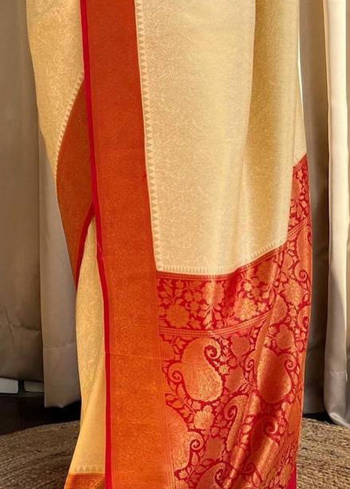 Cream Banarasi Silk Saree With Blouse Piece