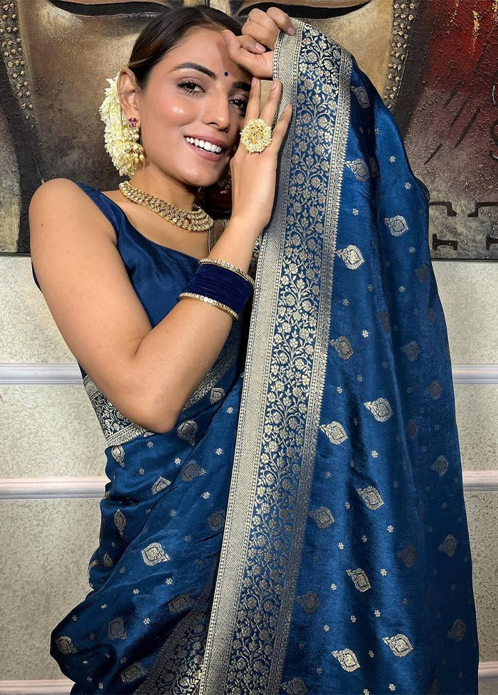 Blue Banarasi Silk Saree With Blouse Piece