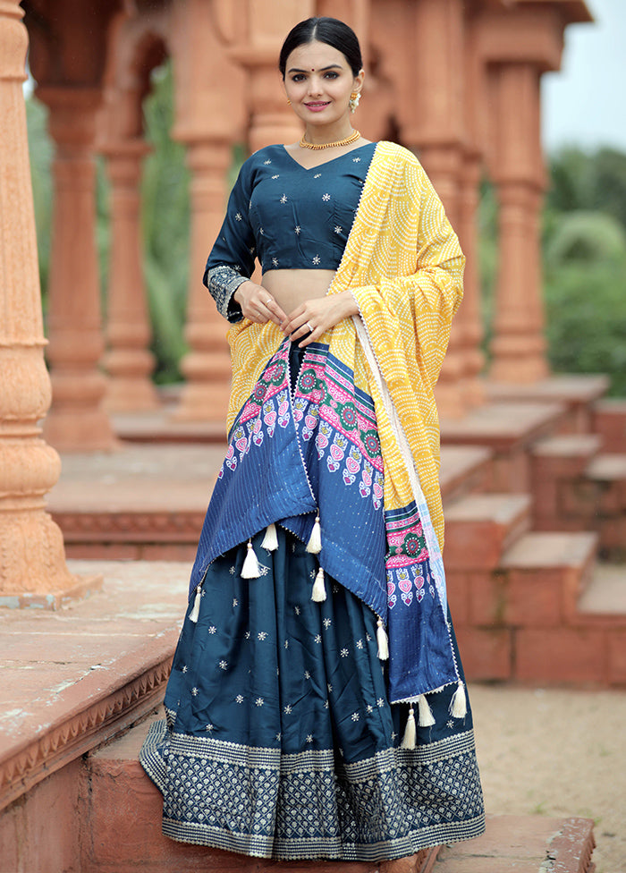 3 Pc Blue Silk Semi Stitched Lehenga Set