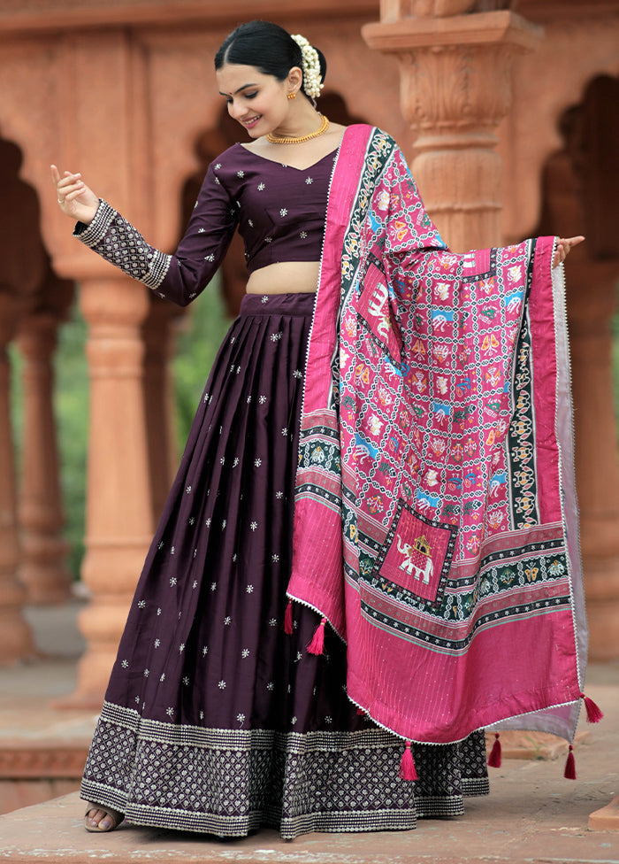 3 Pc Wine Silk Semi Stitched Lehenga Set