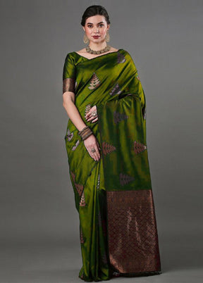 Olive Green Banarasi Silk Saree With Blouse Piece