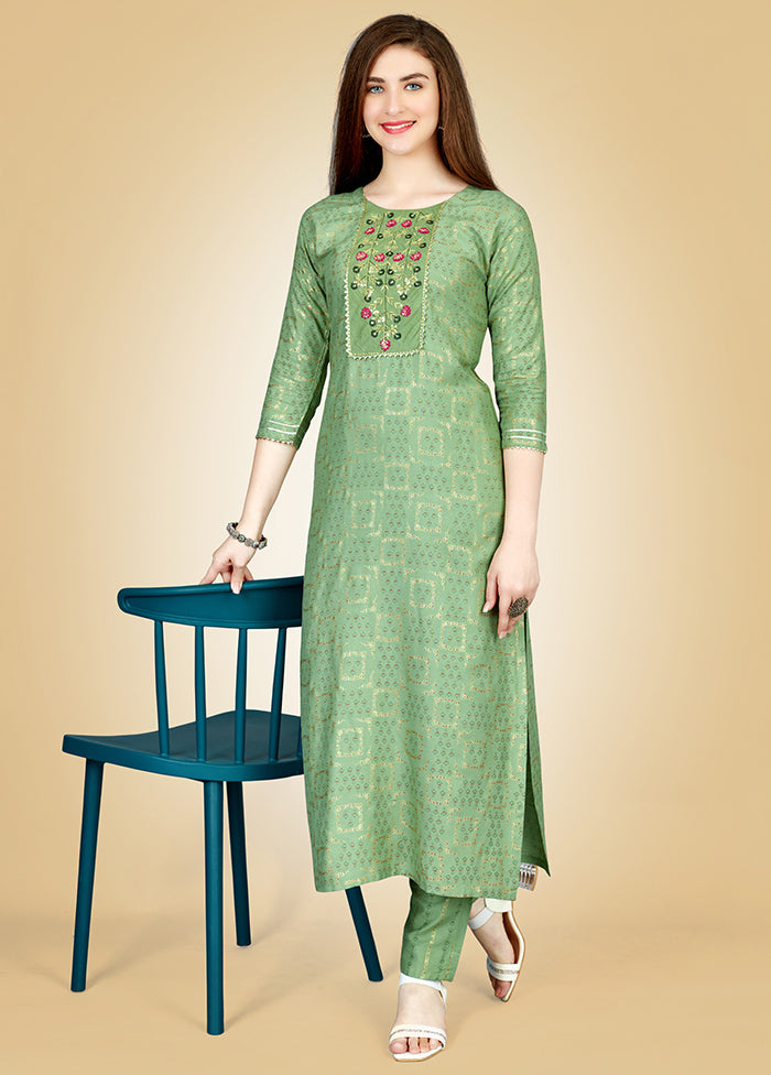 2 Pc Pista Green Readymade Rayon Kurti Set