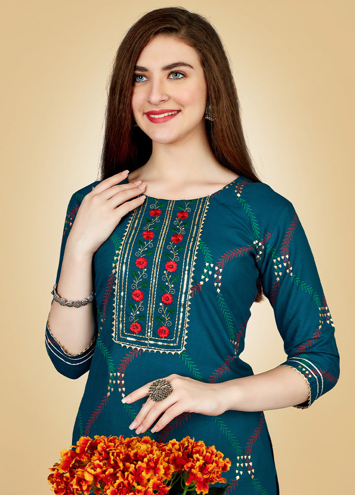 2 Pc Teal Readymade Rayon Kurti Set