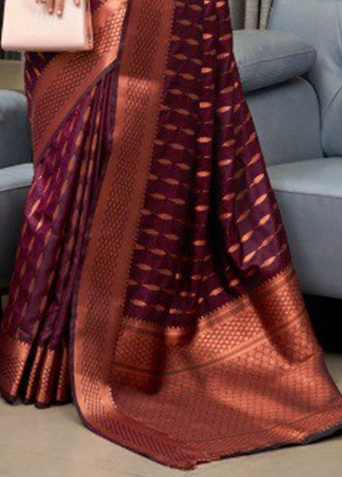 Burgundy Banarasi Silk Saree With Blouse Piece