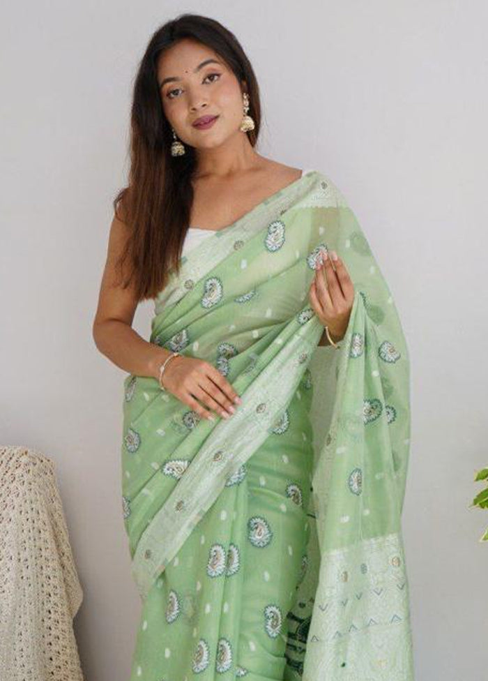 Pista Green Cotton Saree With Blouse Piece