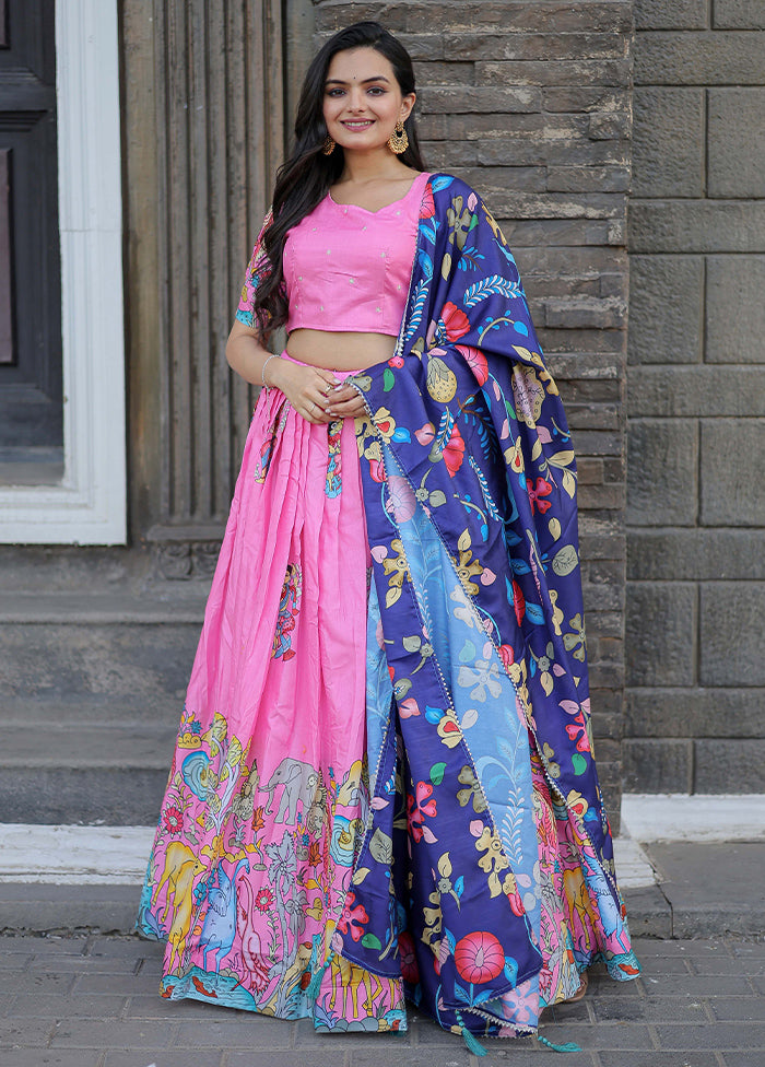 3 Pc Pink Silk Semi Stitched Lehenga Set