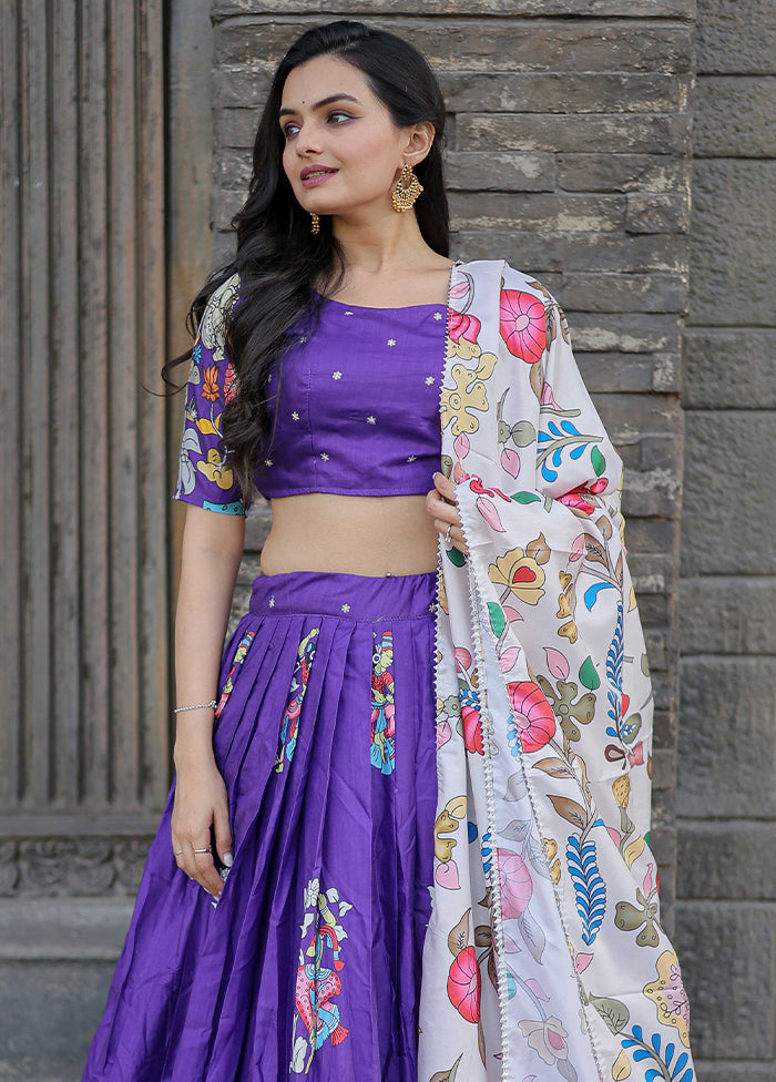 3 Pc Purple Silk Semi Stitched Lehenga Set