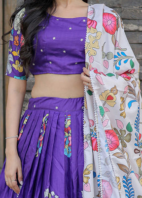 3 Pc Purple Silk Semi Stitched Lehenga Set