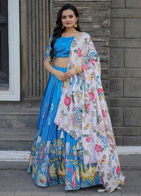 3 Pc Blue Silk Semi Stitched Lehenga Set