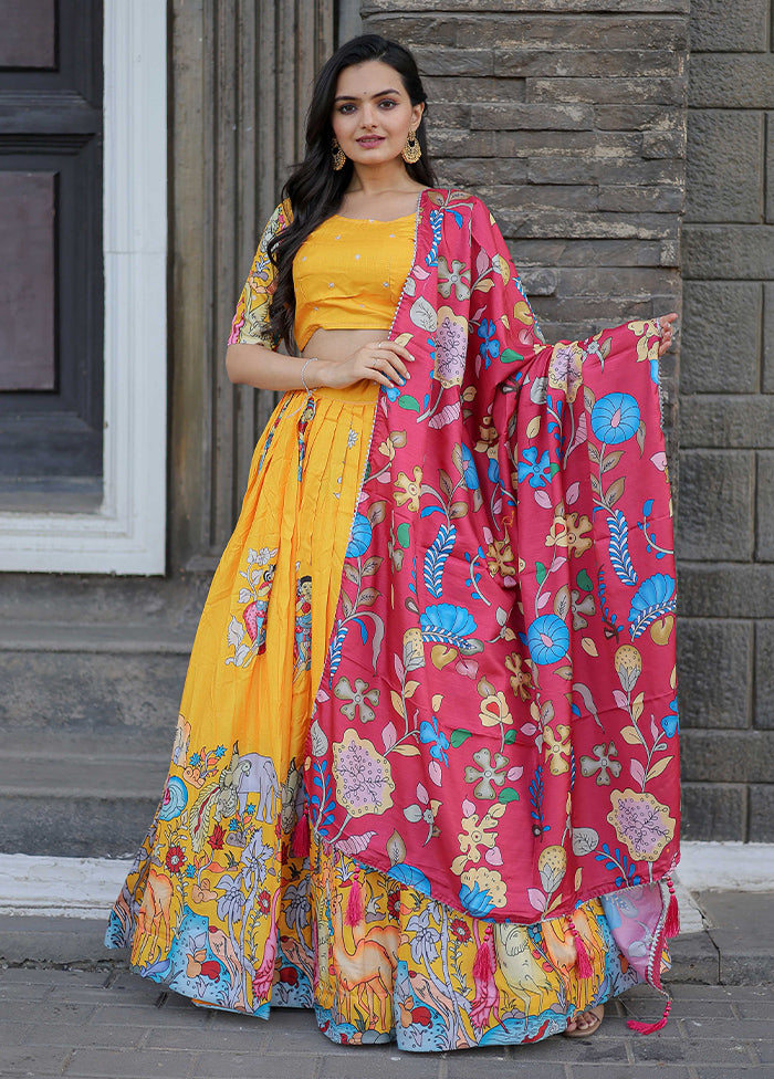 3 Pc Yellow Silk Semi Stitched Lehenga Set