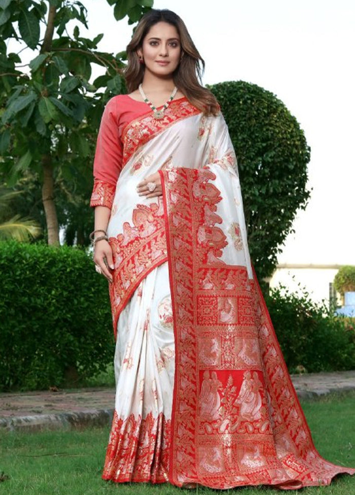 White Banarasi Silk Saree With Blouse Piece