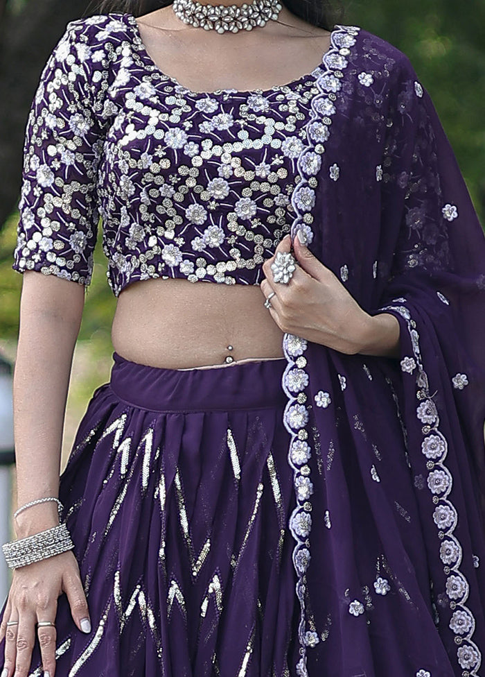 3 Pc Purple Silk Semi Stitched Lehenga Set