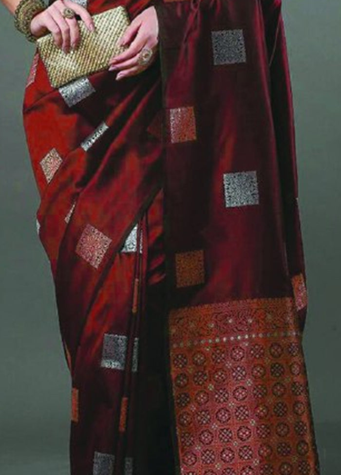 Maroon Banarasi Silk Saree With Blouse Piece