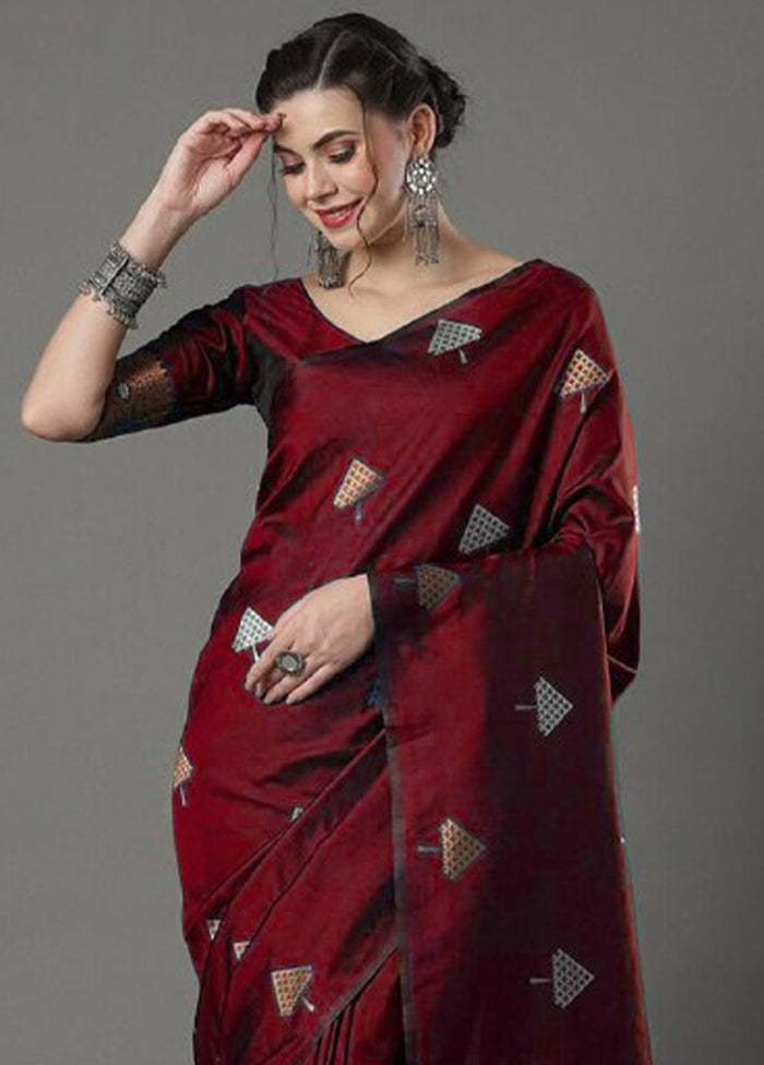 Maroon Banarasi Silk Saree With Blouse Piece