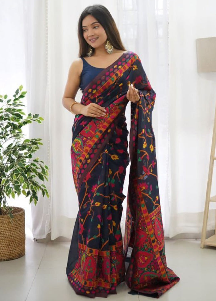 Navy Blue Banarasi Silk Saree With Blouse Piece