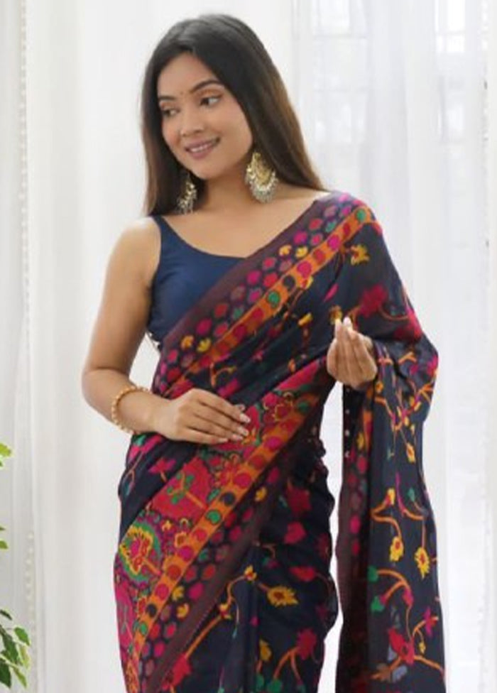 Navy Blue Banarasi Silk Saree With Blouse Piece