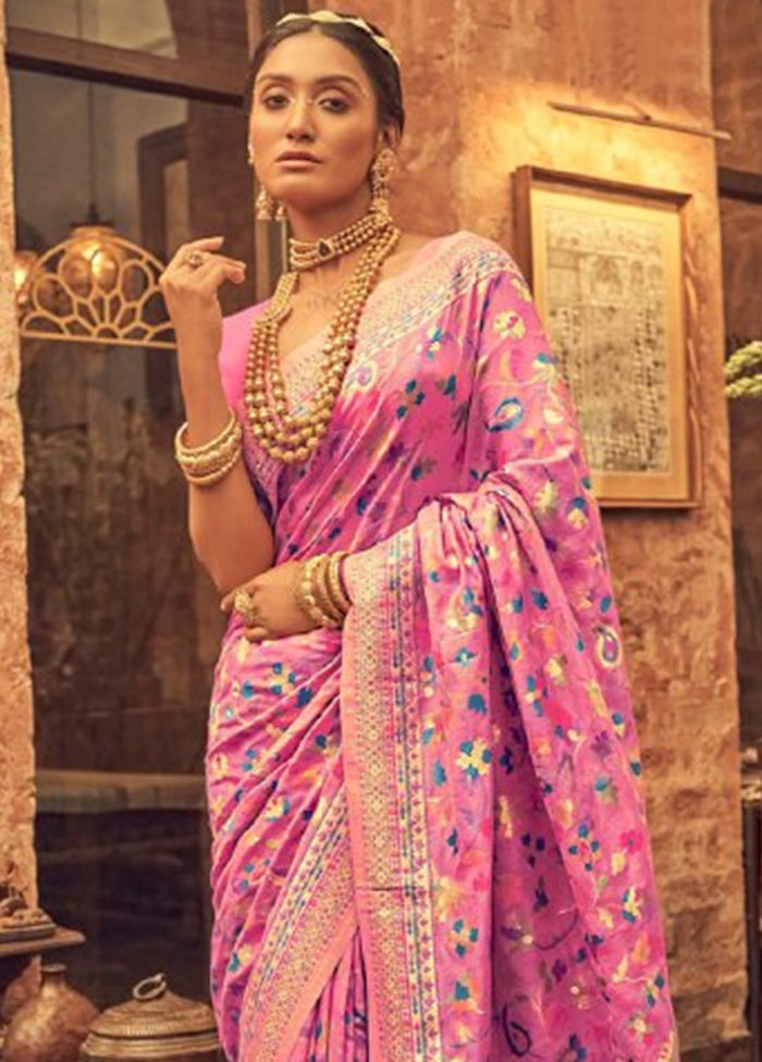 Pink Banarasi Silk Saree With Blouse Piece