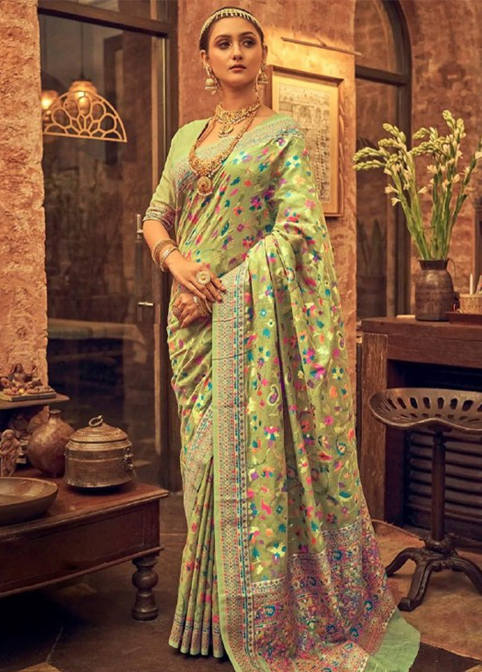 Pista Green Banarasi Silk Saree With Blouse Piece