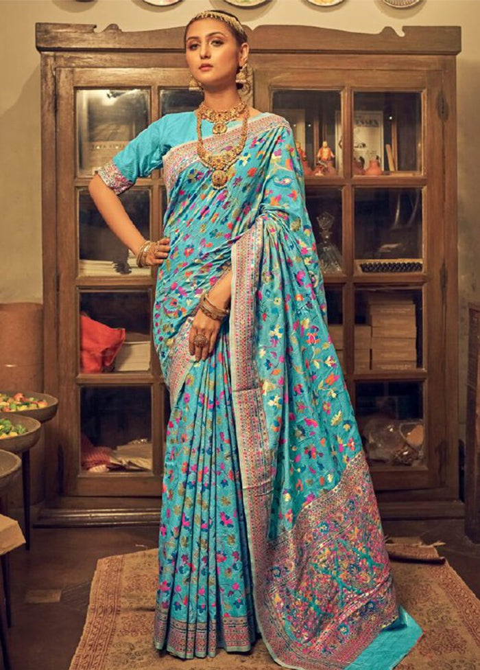 Sky Blue Banarasi Silk Saree With Blouse Piece