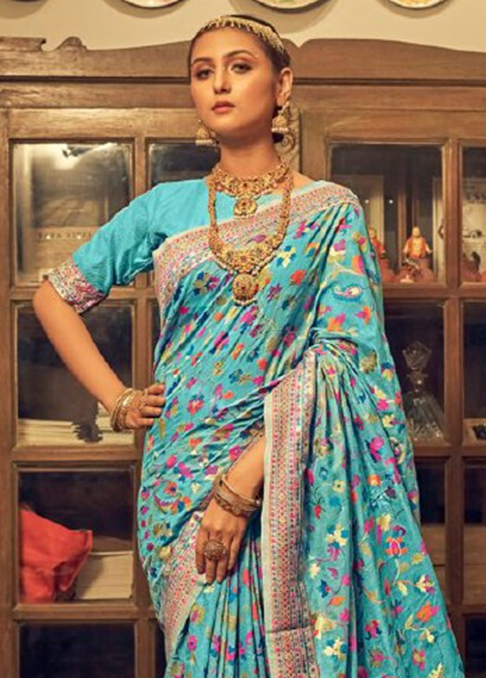 Sky Blue Banarasi Silk Saree With Blouse Piece