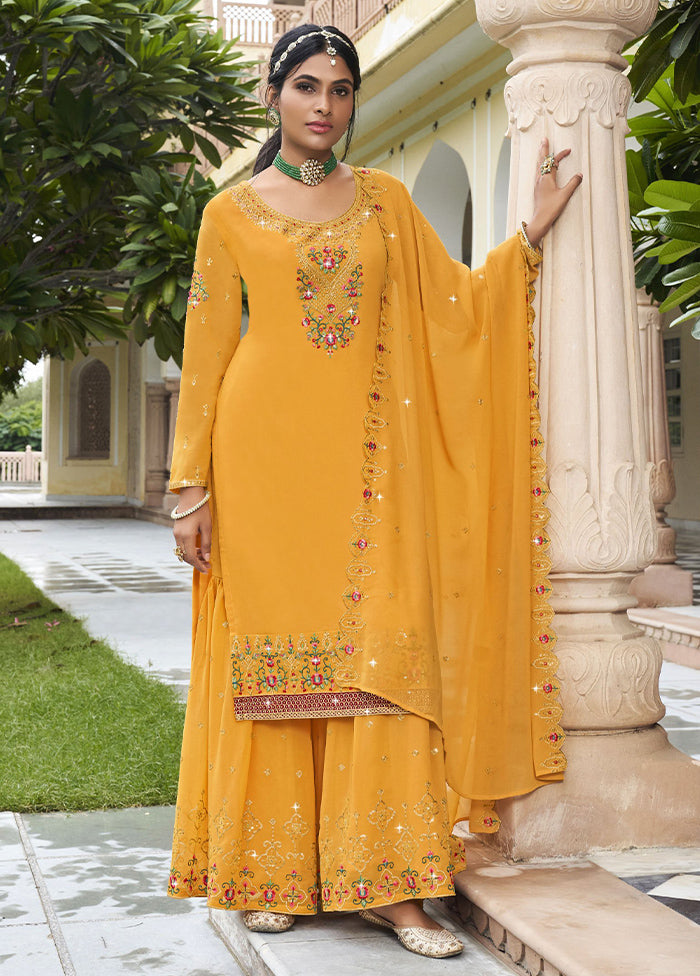 3 Pc Yellow Semi Stitched Georgette Suit Set