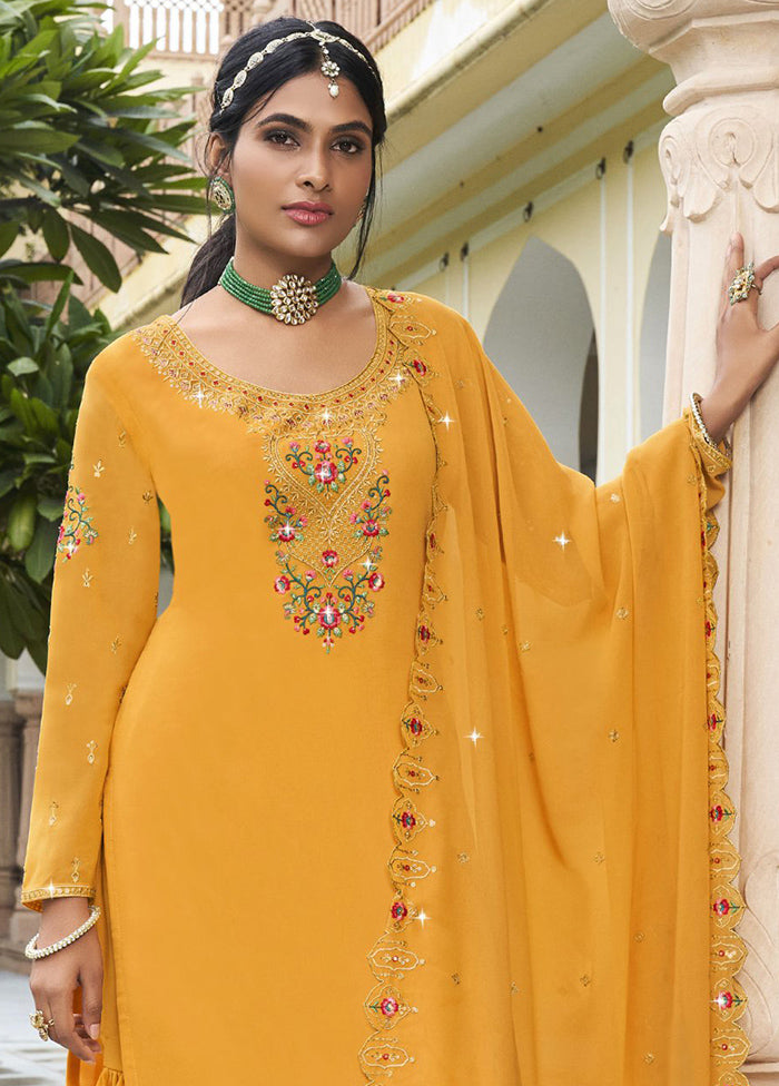 3 Pc Yellow Semi Stitched Georgette Suit Set