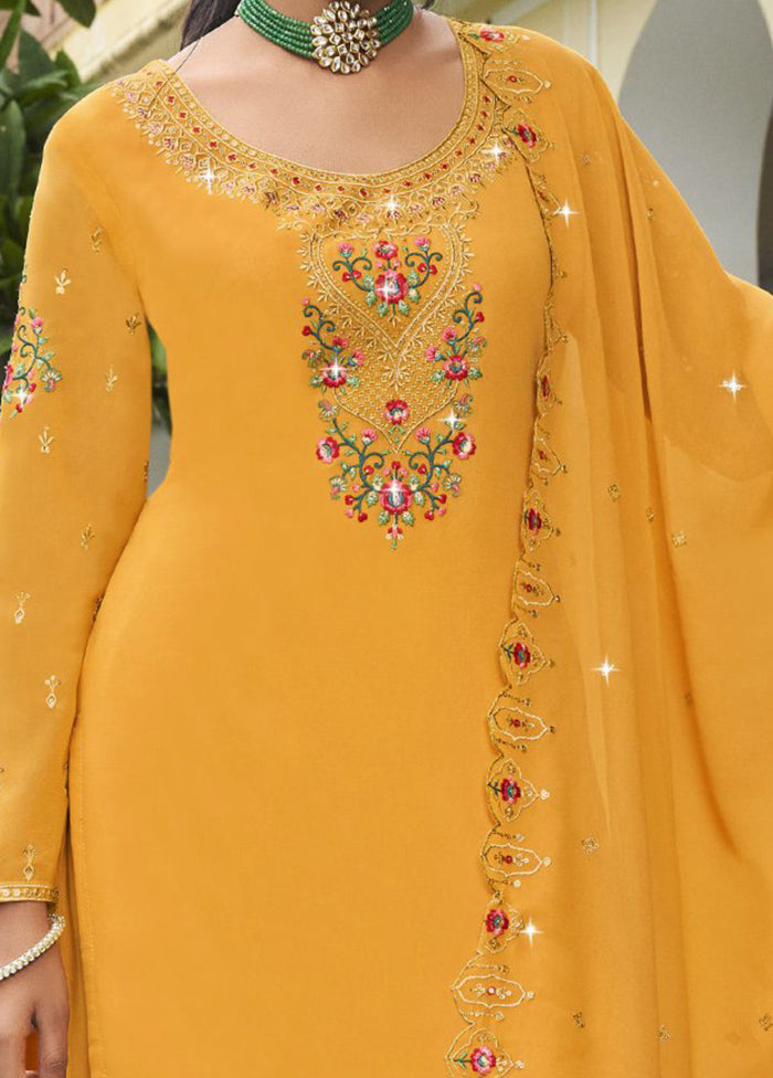 3 Pc Yellow Semi Stitched Georgette Suit Set