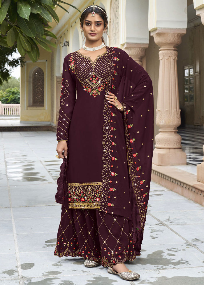 3 Pc Wine Semi Stitched Georgette Suit Set