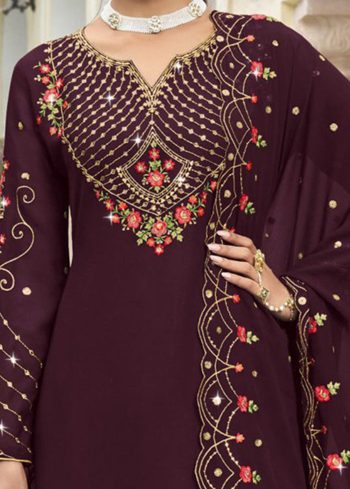 3 Pc Wine Semi Stitched Georgette Suit Set