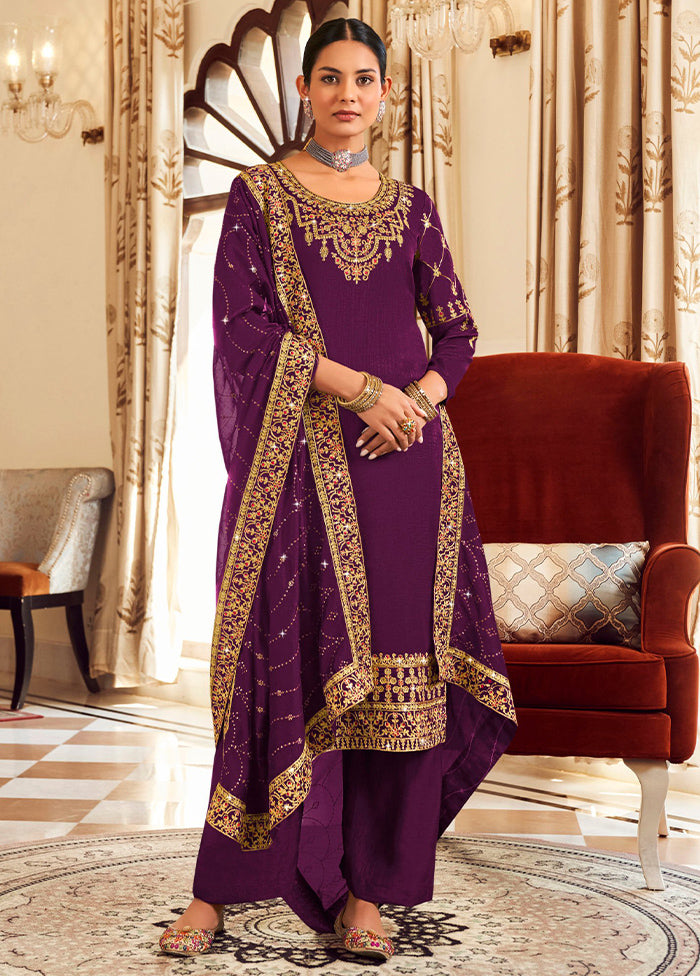 3 Pc Purple Pure Semi Stitched Silk Suit Set