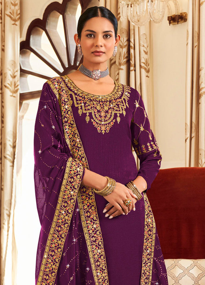 3 Pc Purple Pure Semi Stitched Silk Suit Set