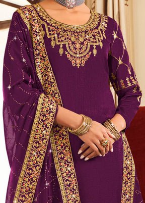 3 Pc Purple Pure Semi Stitched Silk Suit Set