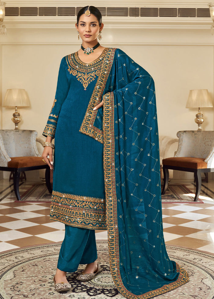 3 Pc Teal Pure Semi Stitched Silk Suit Set