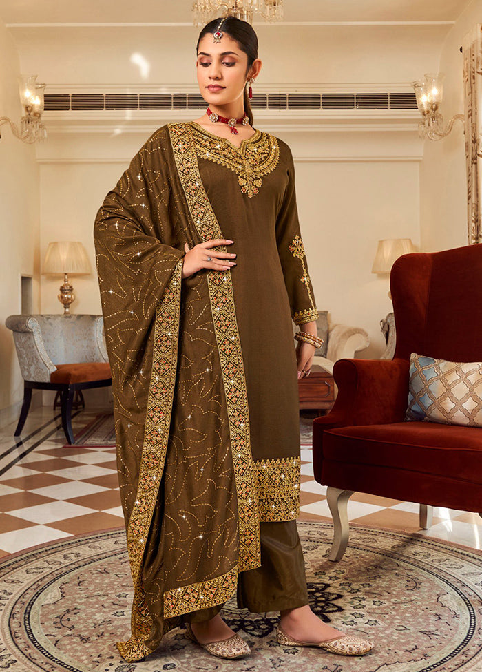 3 Pc Brown Pure Semi Stitched Silk Suit Set