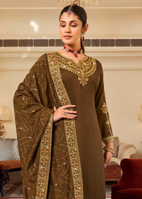 3 Pc Brown Pure Semi Stitched Silk Suit Set