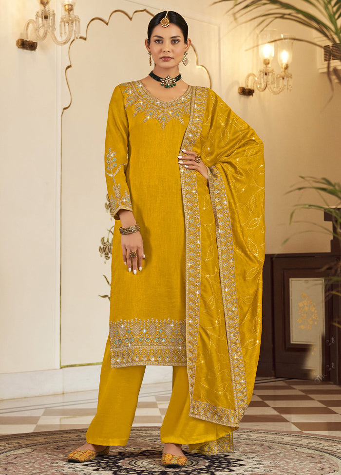 3 Pc Yellow Pure Semi Stitched Silk Suit Set