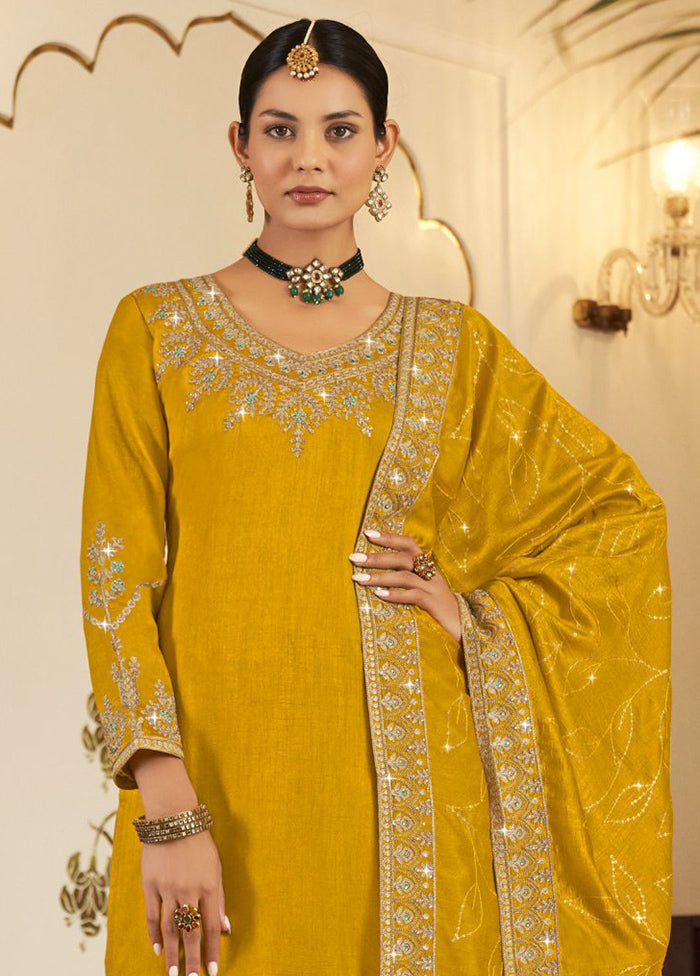 3 Pc Yellow Pure Semi Stitched Silk Suit Set