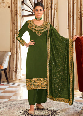 3 Pc Mehendi Green Pure Semi Stitched Silk Suit Set