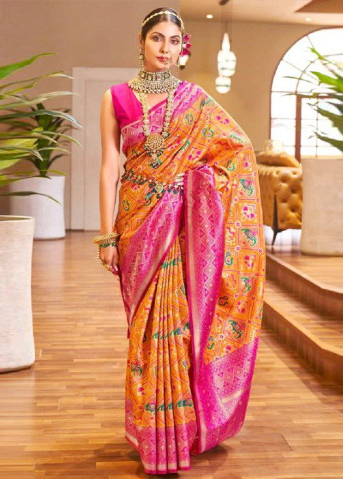 Orange Banarasi Silk Saree With Blouse Piece