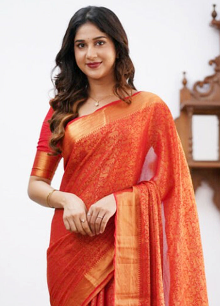 Red Banarasi Silk Saree With Blouse Piece