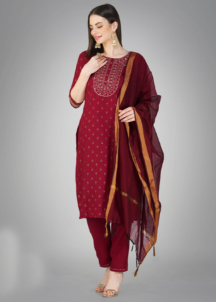 3 Pc Maroon Readymade Cotton Suit Set