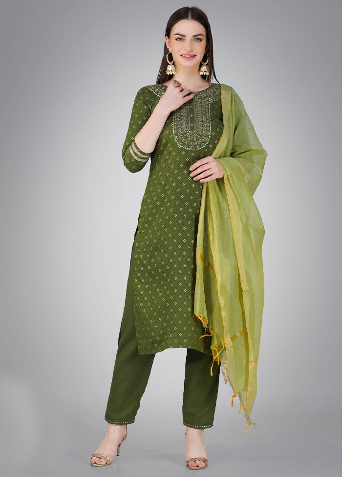 3 Pc Mehendi Readymade Cotton Suit Set