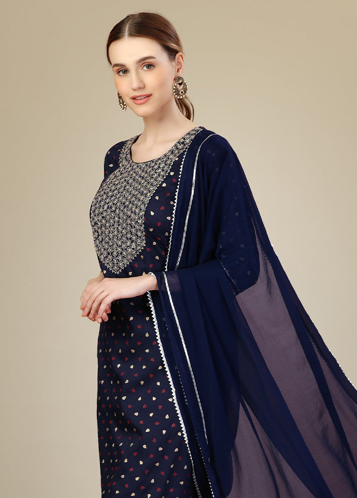 3 Pc Navy Blue Readymade Silk Suit Set