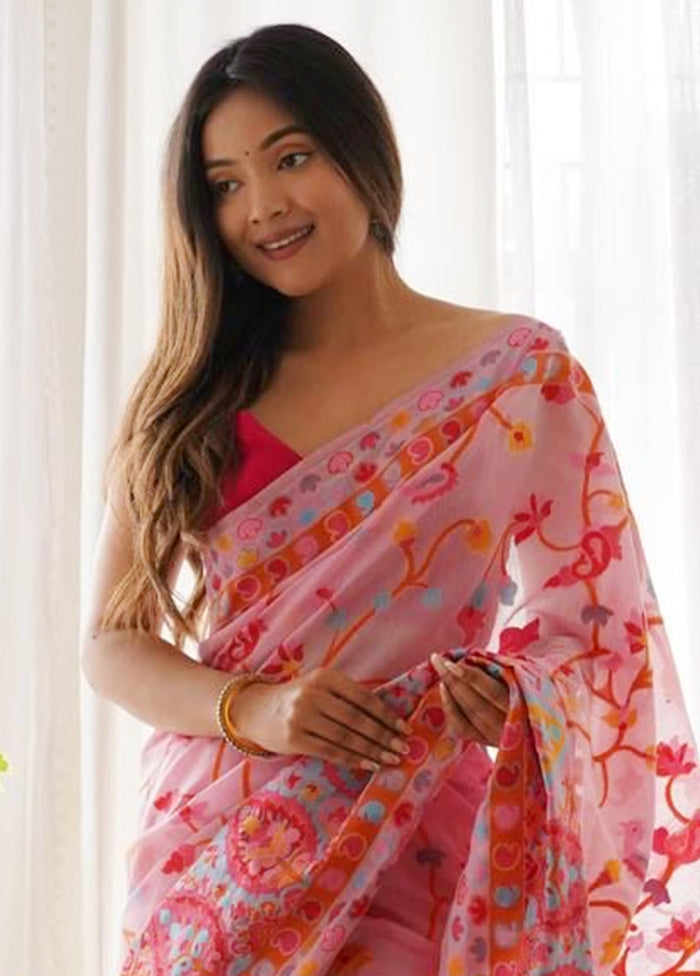 Pink Banarasi Silk Saree With Blouse Piece