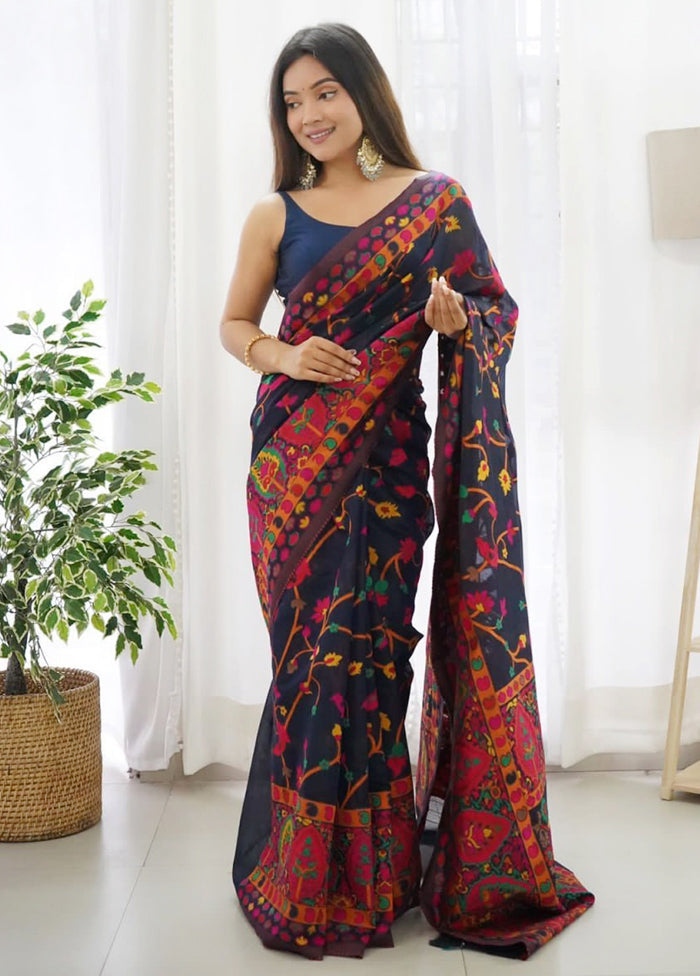 Navy Blue Banarasi Silk Saree With Blouse Piece