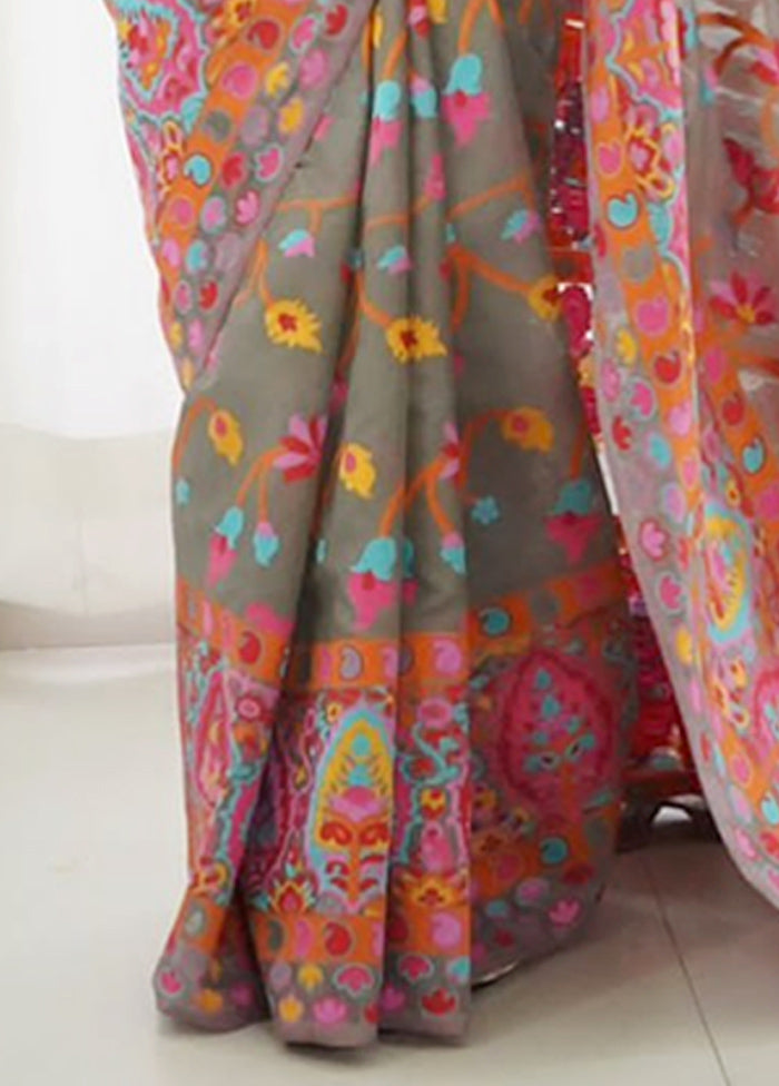 Grey Banarasi Silk Saree With Blouse Piece