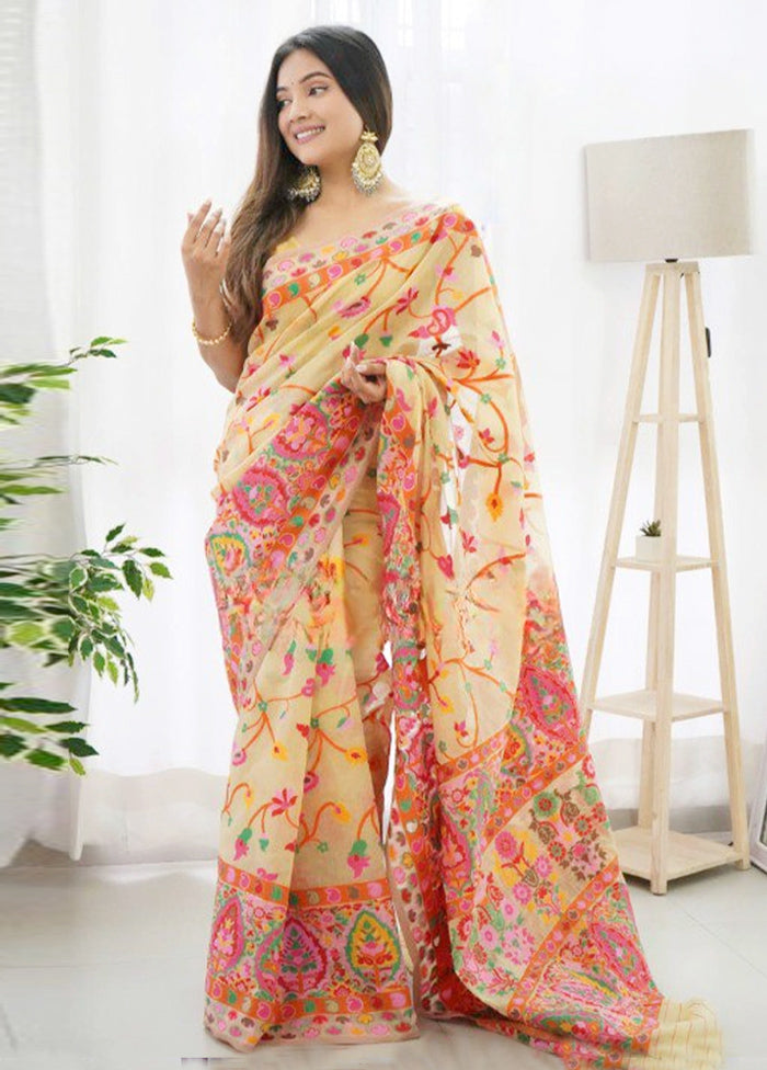 Gold Banarasi Silk Saree With Blouse Piece